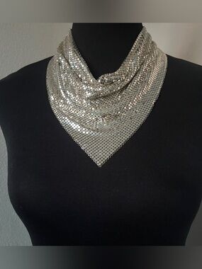 Vintage Whiting & Davis Silver Mesh Chainmail Scarf Collar Bib Necklace